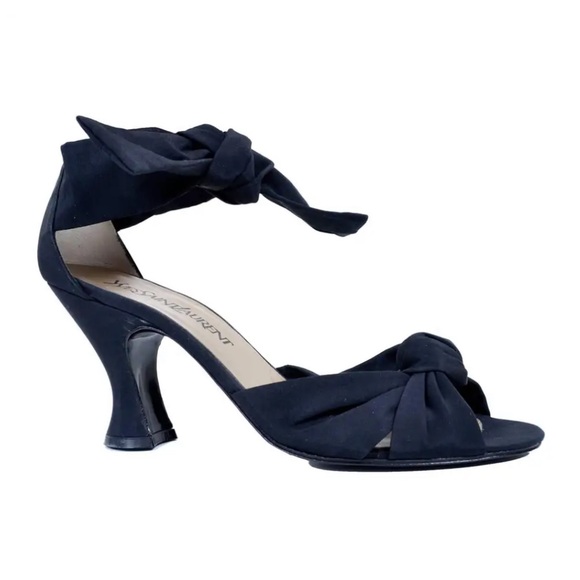 Yves Saint Laurent Black Women's Tie Up Peep Toe Heels 10 - Picture 1 of 13